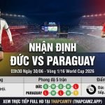Ảnh bìa tổng quan nhận định trận đấu Đức vs Paraguay vòng 1/16 World Cup 2026, đánh giá lực lượng và phong độ trực tiếp trên nền tảng ThapcamTV.