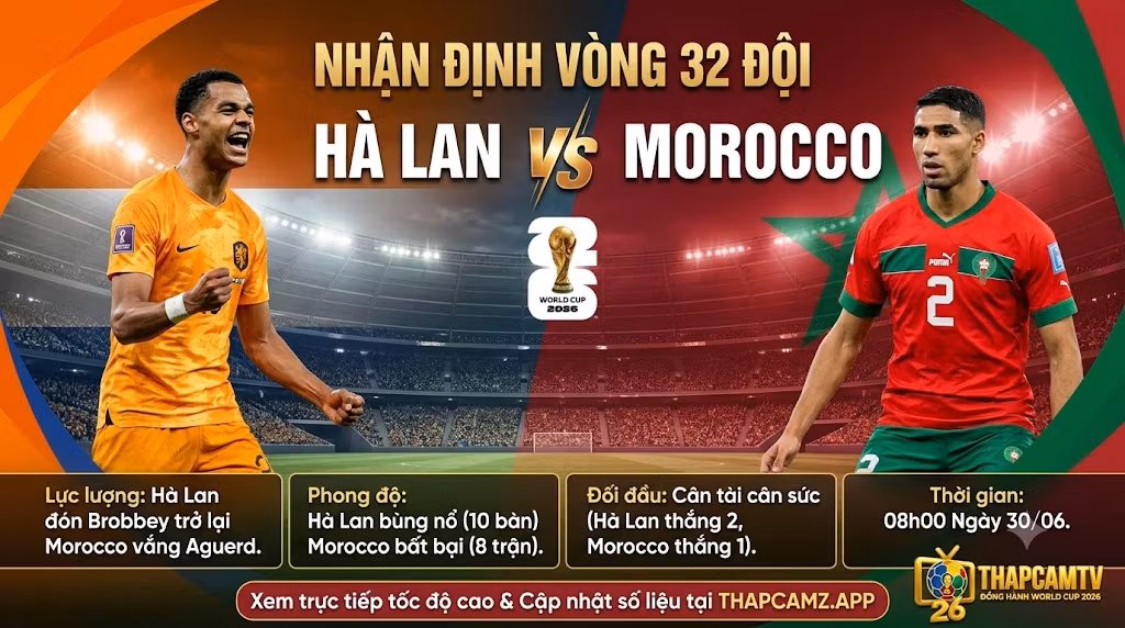 Nhận định trận đấu Hà Lan vs Morocco vòng 32 đội World Cup 2026. Hình ảnh Cody Gakpo đối đầu Achraf Hakimi trước giờ bóng lăn trên nền tảng ThapcamTV.