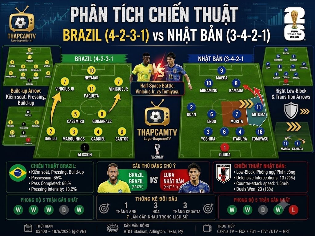 Đồ họa sa bàn chiến thuật phân tích thế trận Brazil đối đầu khối low-block của Nhật Bản, minh họa đường di chuyển của Vinicius Junior và các tình huống chuyển đổi trạng thái (transition) nhanh của Samurai Xanh, có logo ThapcamTV.